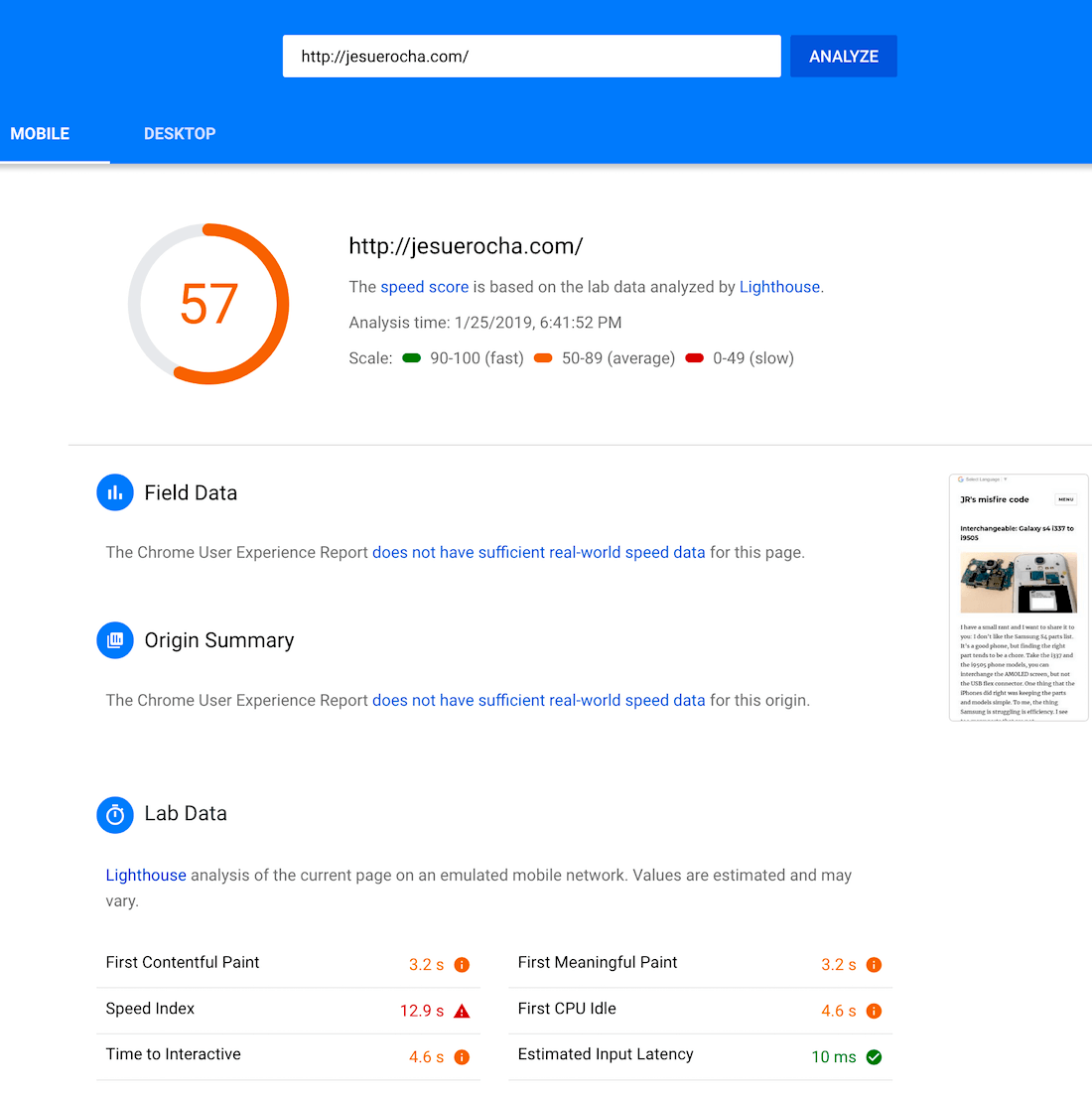 Google Page insights web speed for phone