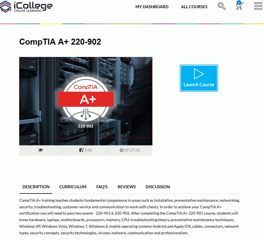 iCollege.co multiple courses, but slow server for the CompTIA A+ 220-901 & 220-902 