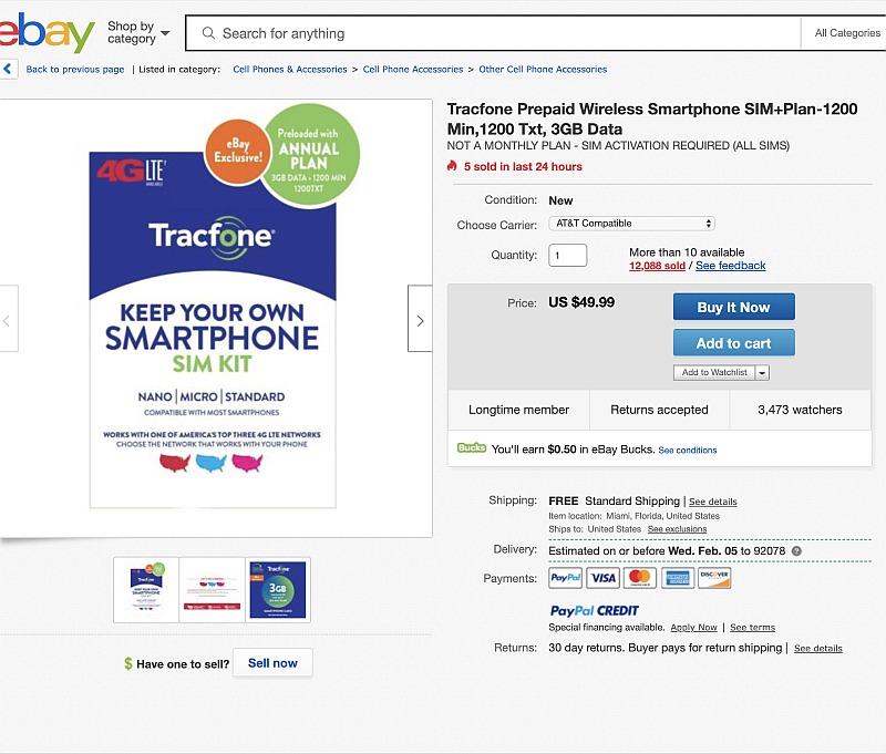 Tracfone Prepaid Plan+SIM 1200 Min, 1200 text, 3GB Data.