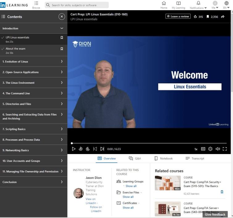 linkedin learning and Jason Dion. Best Linux Essentials course